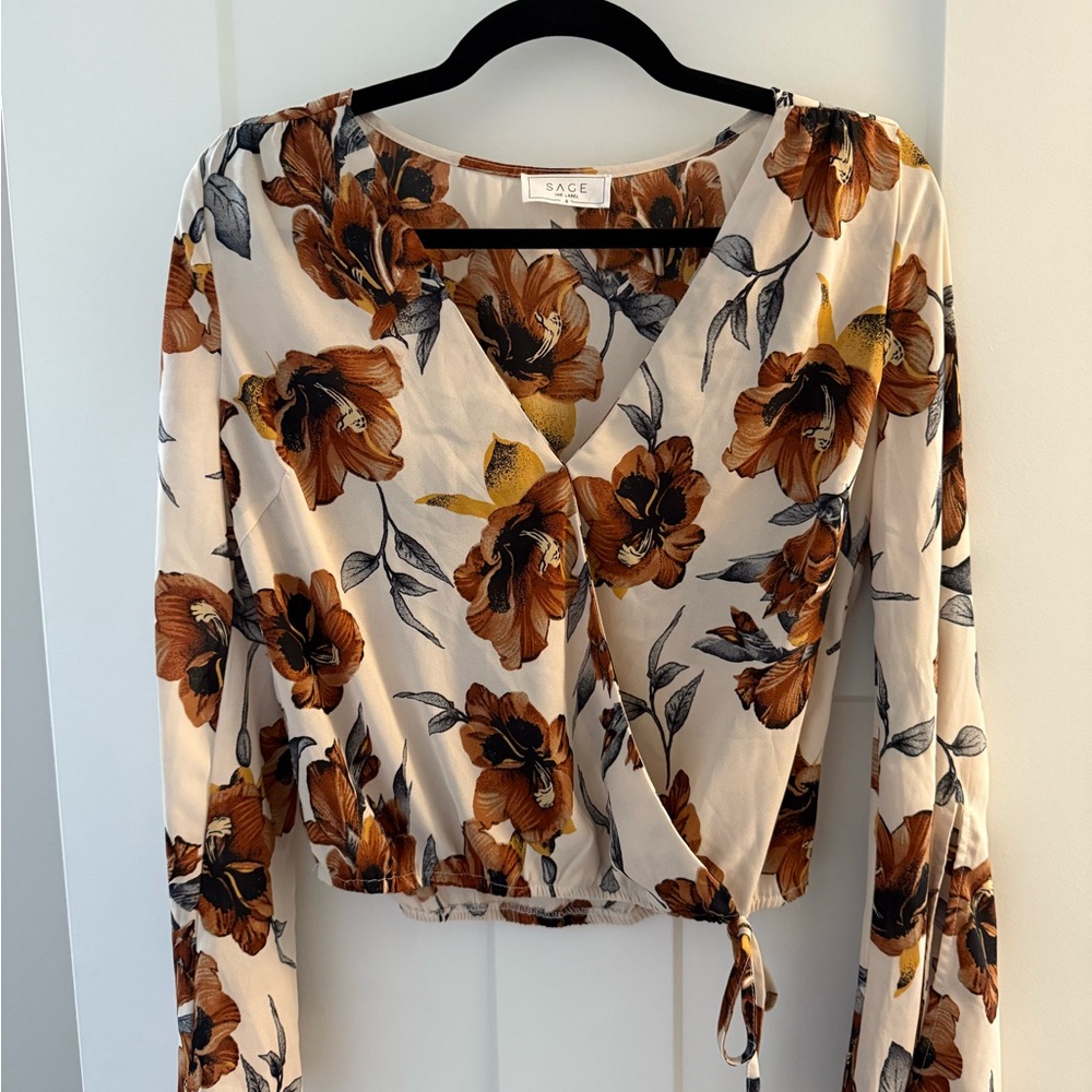 Sage Women's Floral Wrap Blouse - Cream and Brown